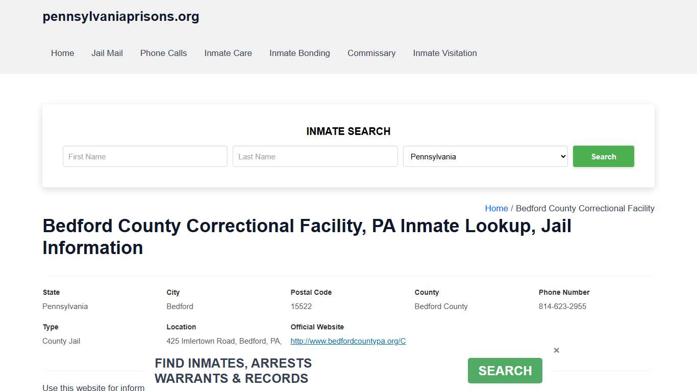 Bedford County Correctional Facility, PA - Offender Locator, Contacts, Inmate Info